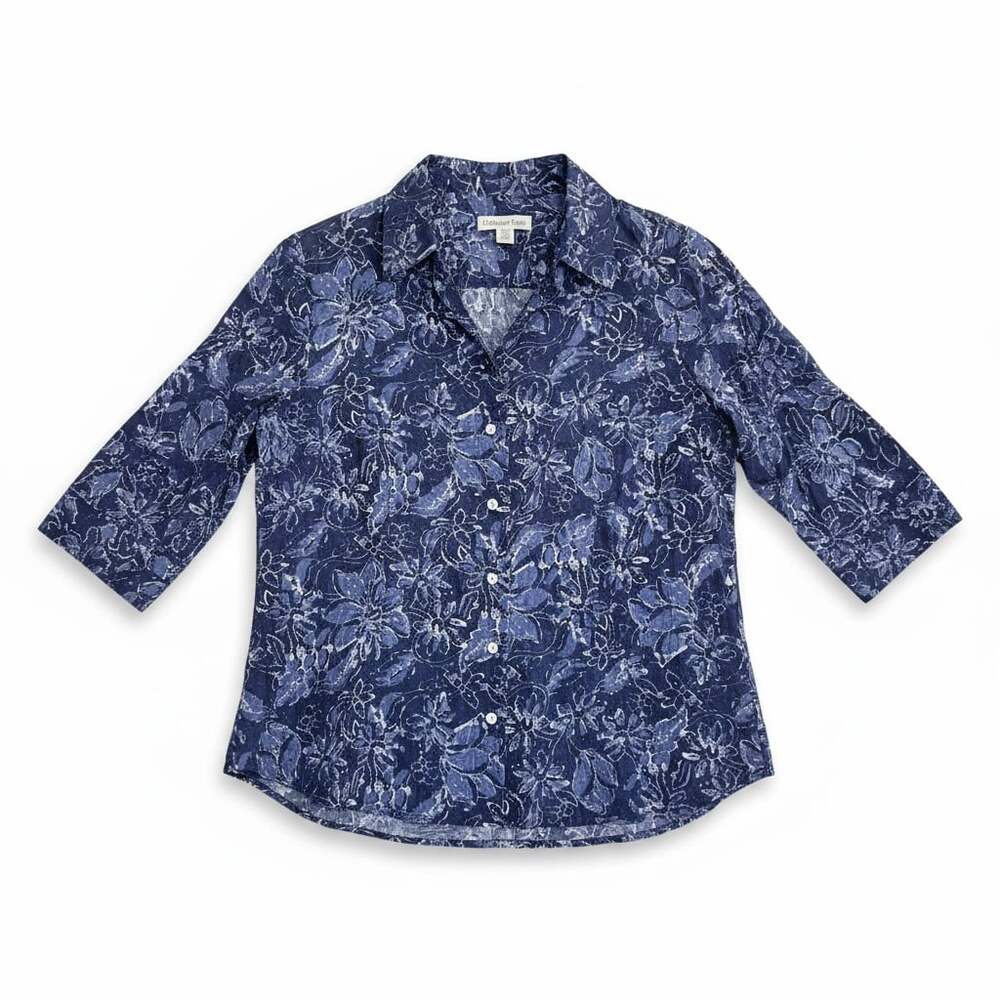 Coldwater Creek Blue Floral 100% Cotton Button Down Shirt Size PM